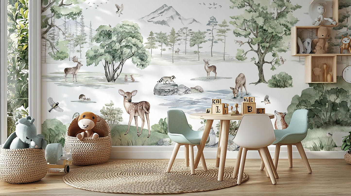 Wildlife-inspired mural showcasing deer in winter scenery.