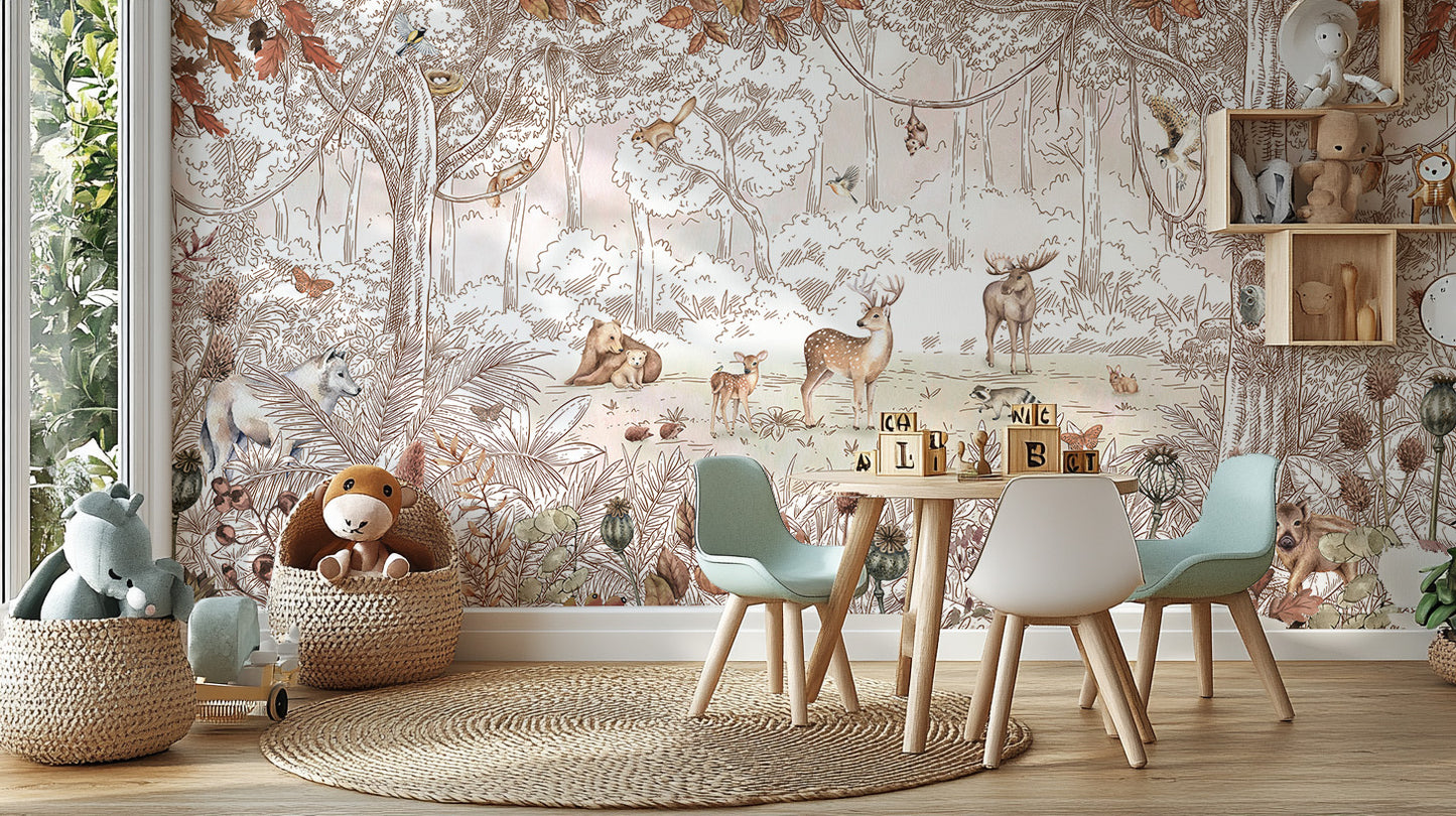 Vibrant mural featuring animals in an autumn forest setting.