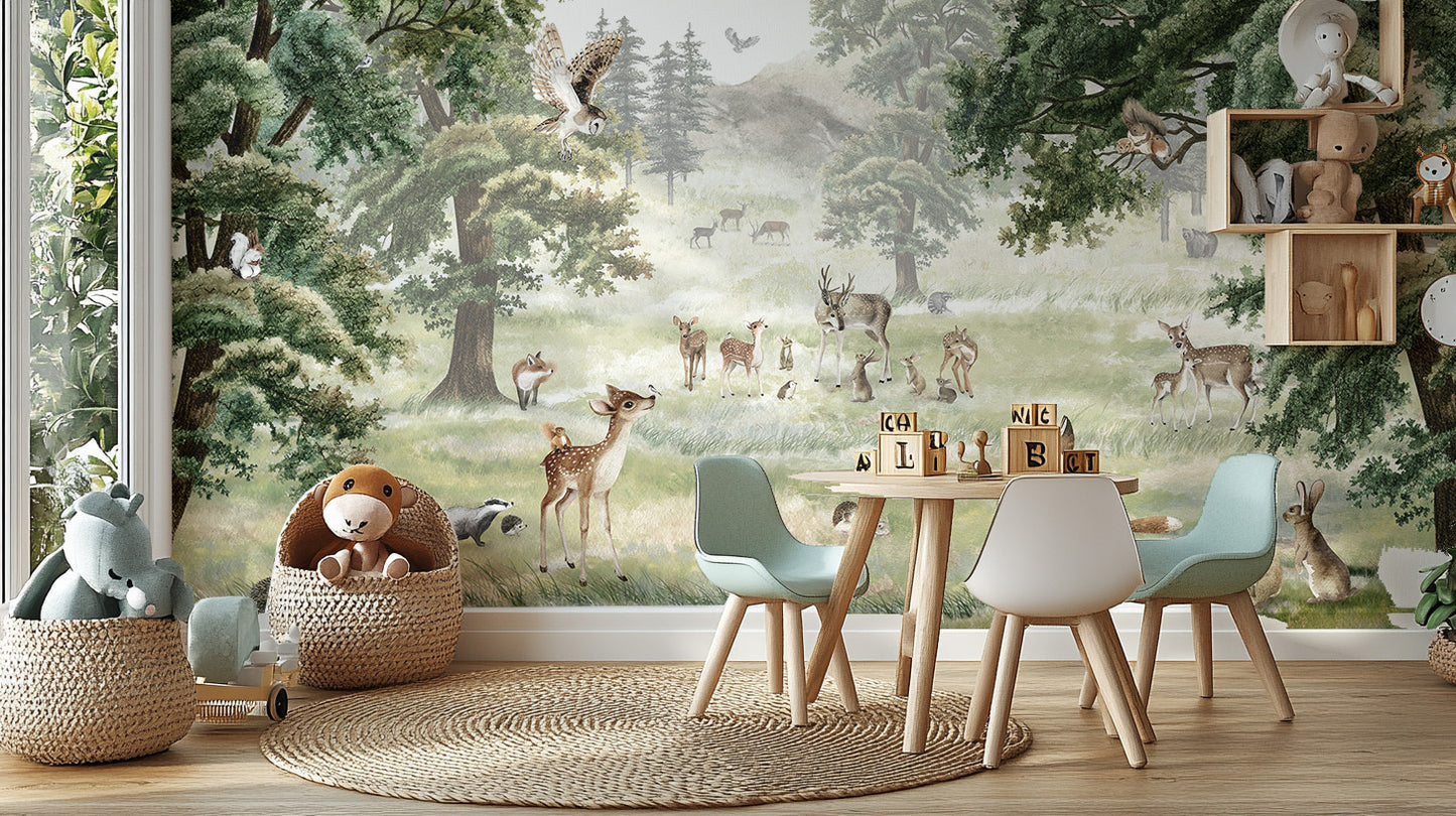 Playful forest mural perfect for kids' room interiors.