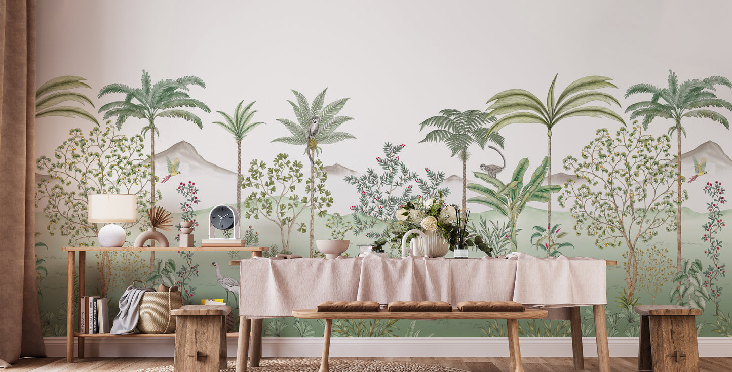 Vibrant green chinoiserie wallpaper with tropical design