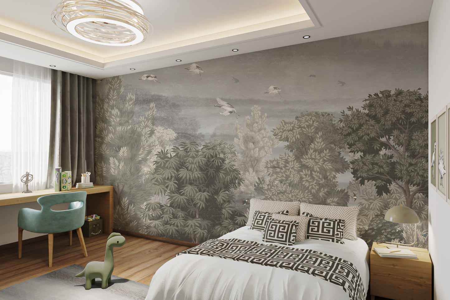 Forest flower wallpaper with vintage Grus bird details