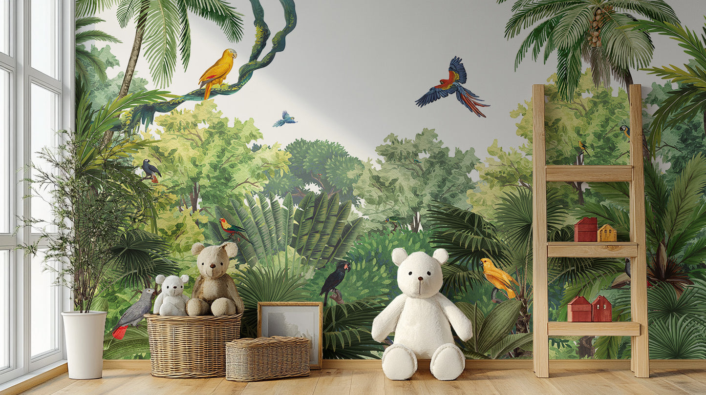 Artistic mural showcasing exotic birds in lush greenery.
