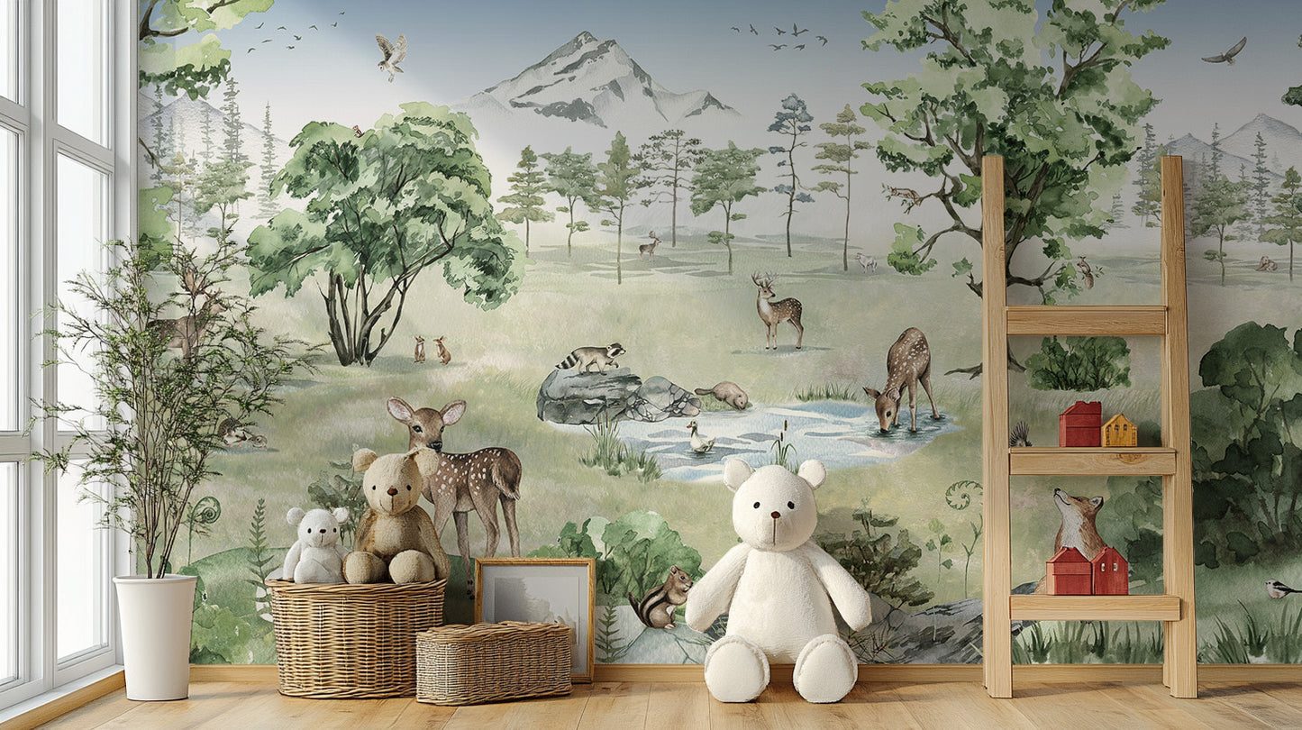Scenic mural featuring deer in a peaceful forest setting.