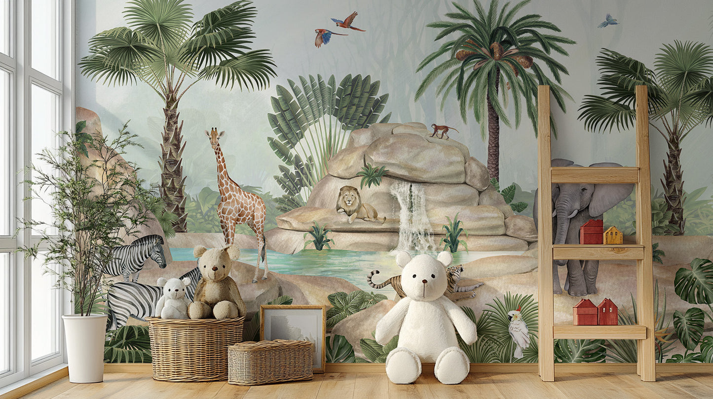 Wallpaper featuring watercolor animals in a pond setting.