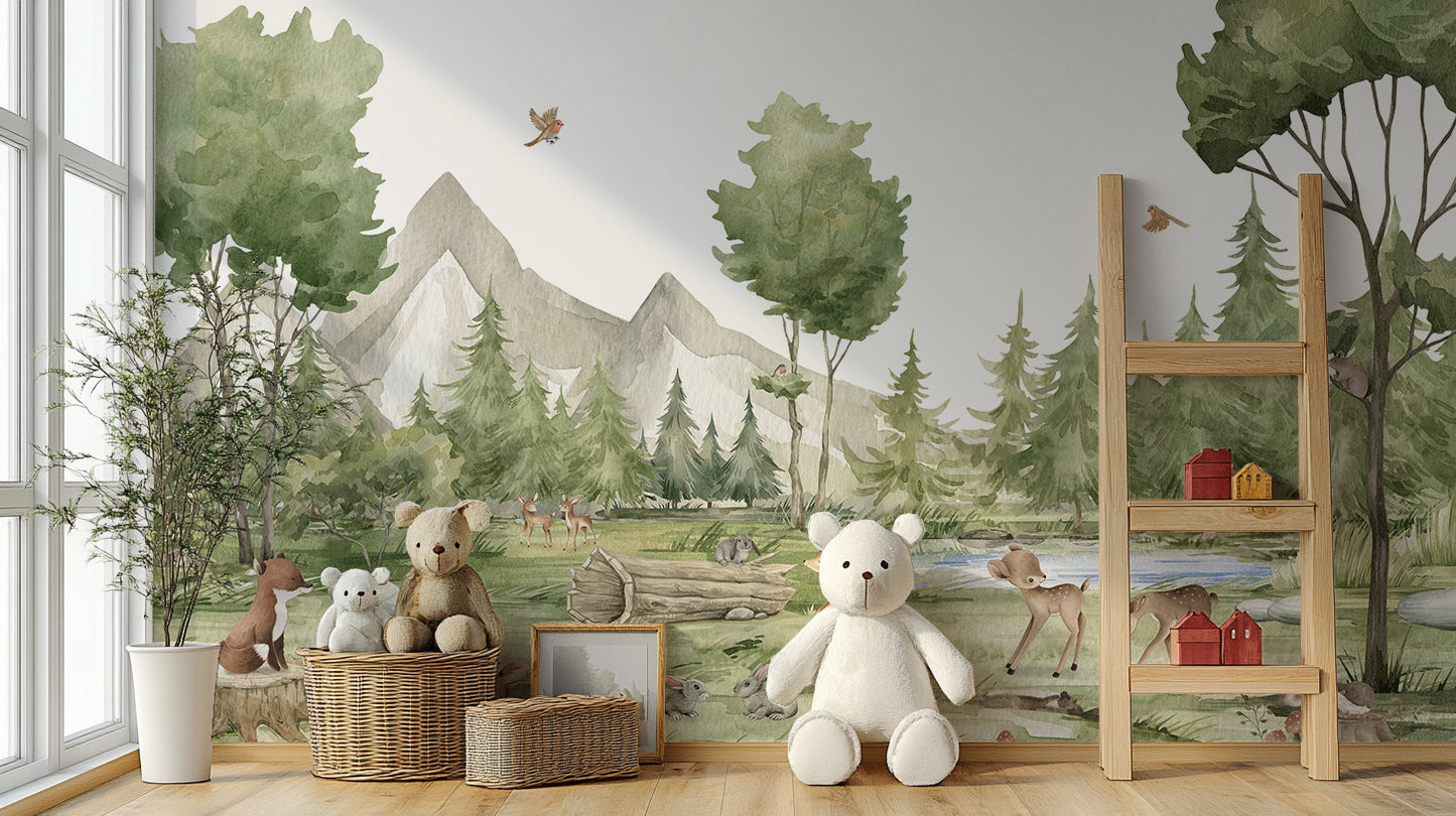 Enchanting wall mural featuring a grove with charming fauna