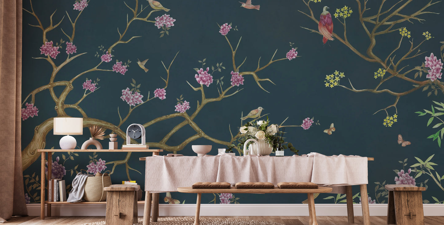 Bold dark blue chinoiserie mural for stylish rooms