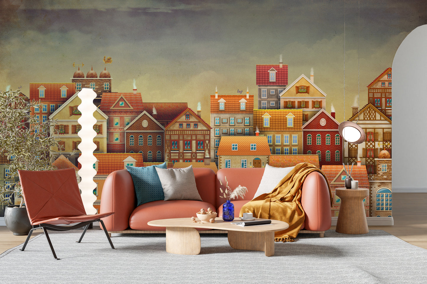 Whimsical village wallpaper