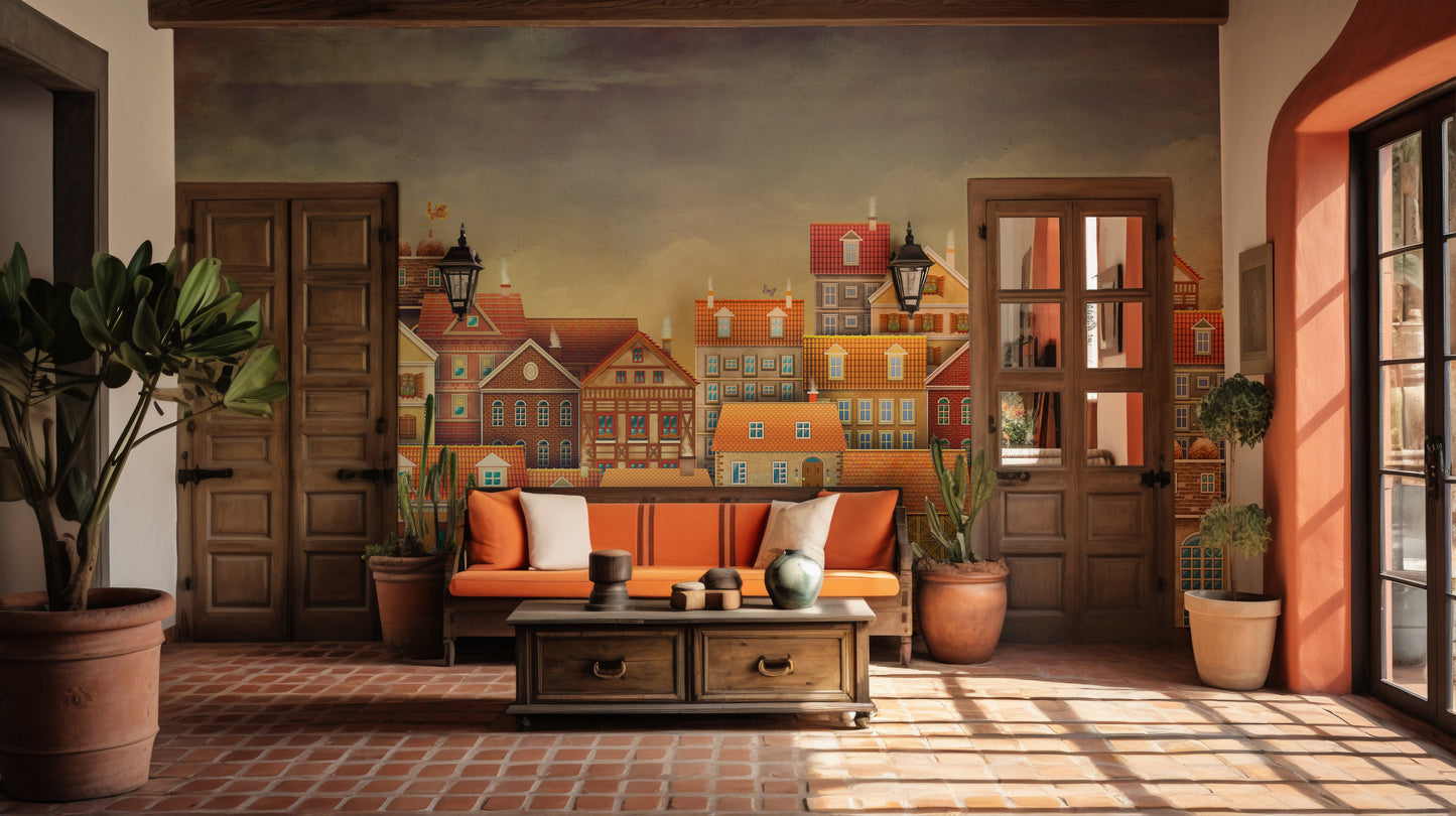 Playful village wall mural