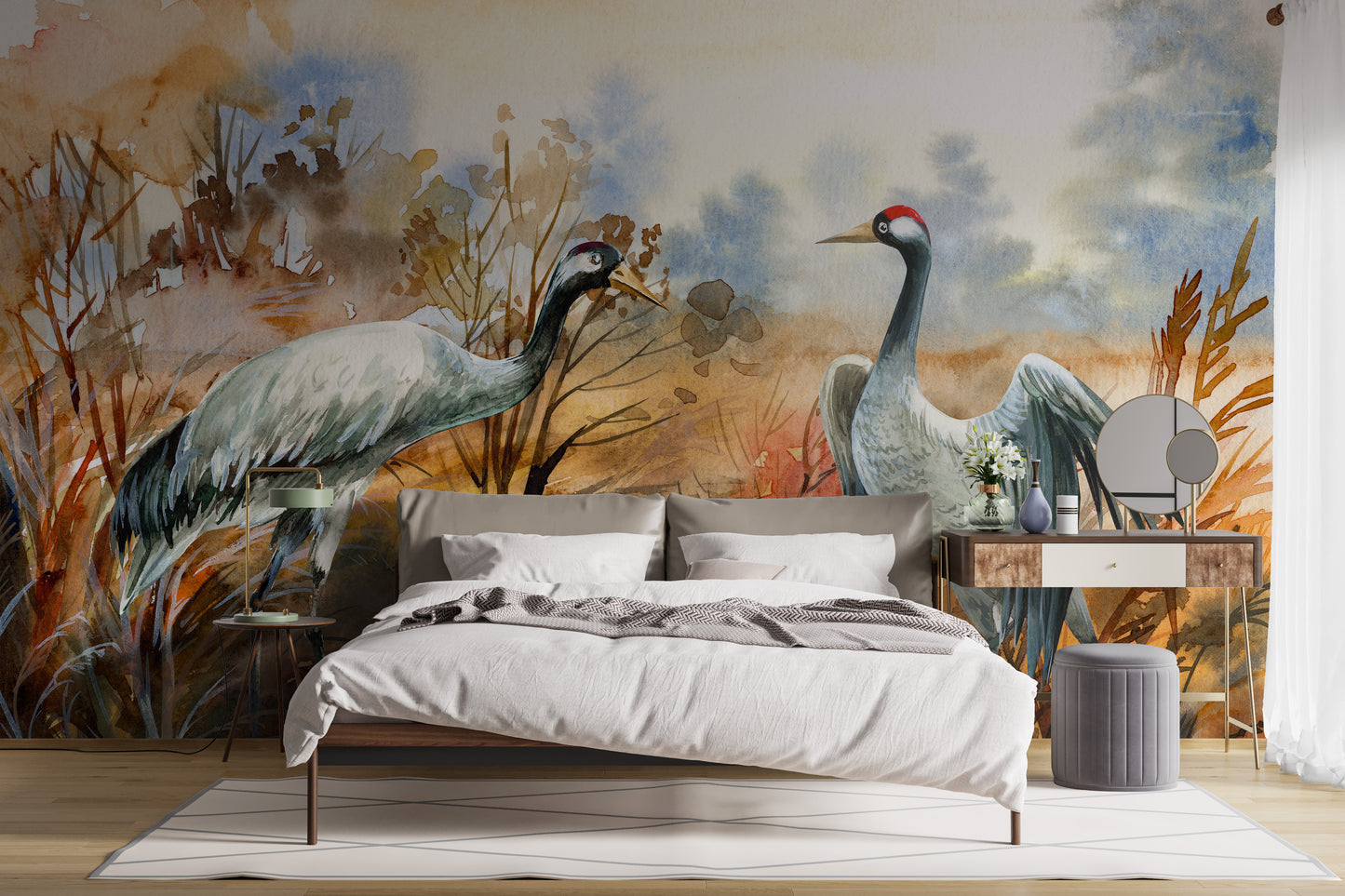 Watercolor crane birds autumn landscape mural
