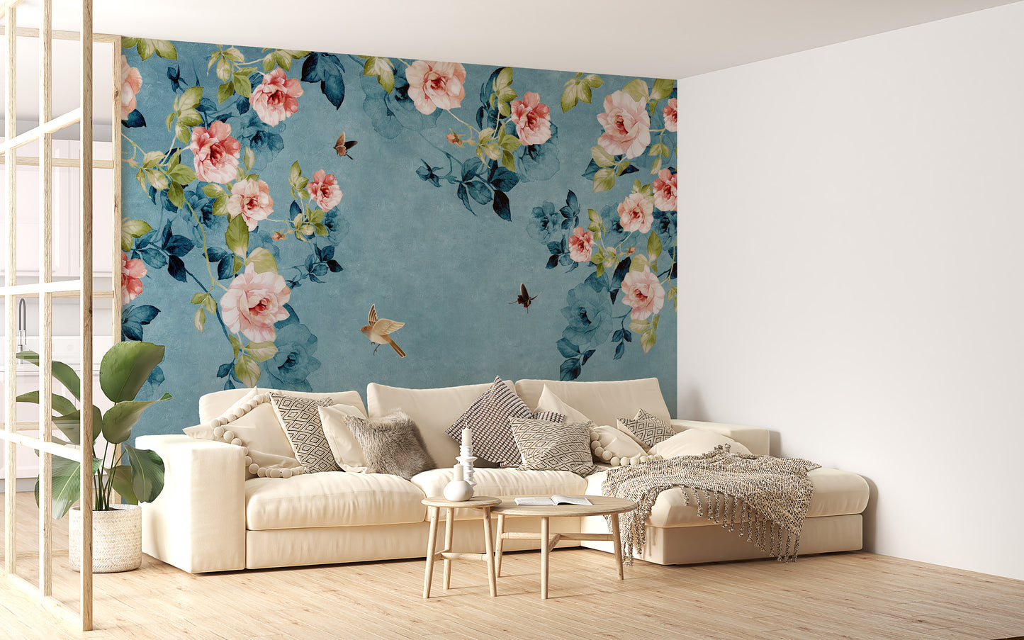 Watercolor Pink Roses & Blue-Green Wallpaper Mural