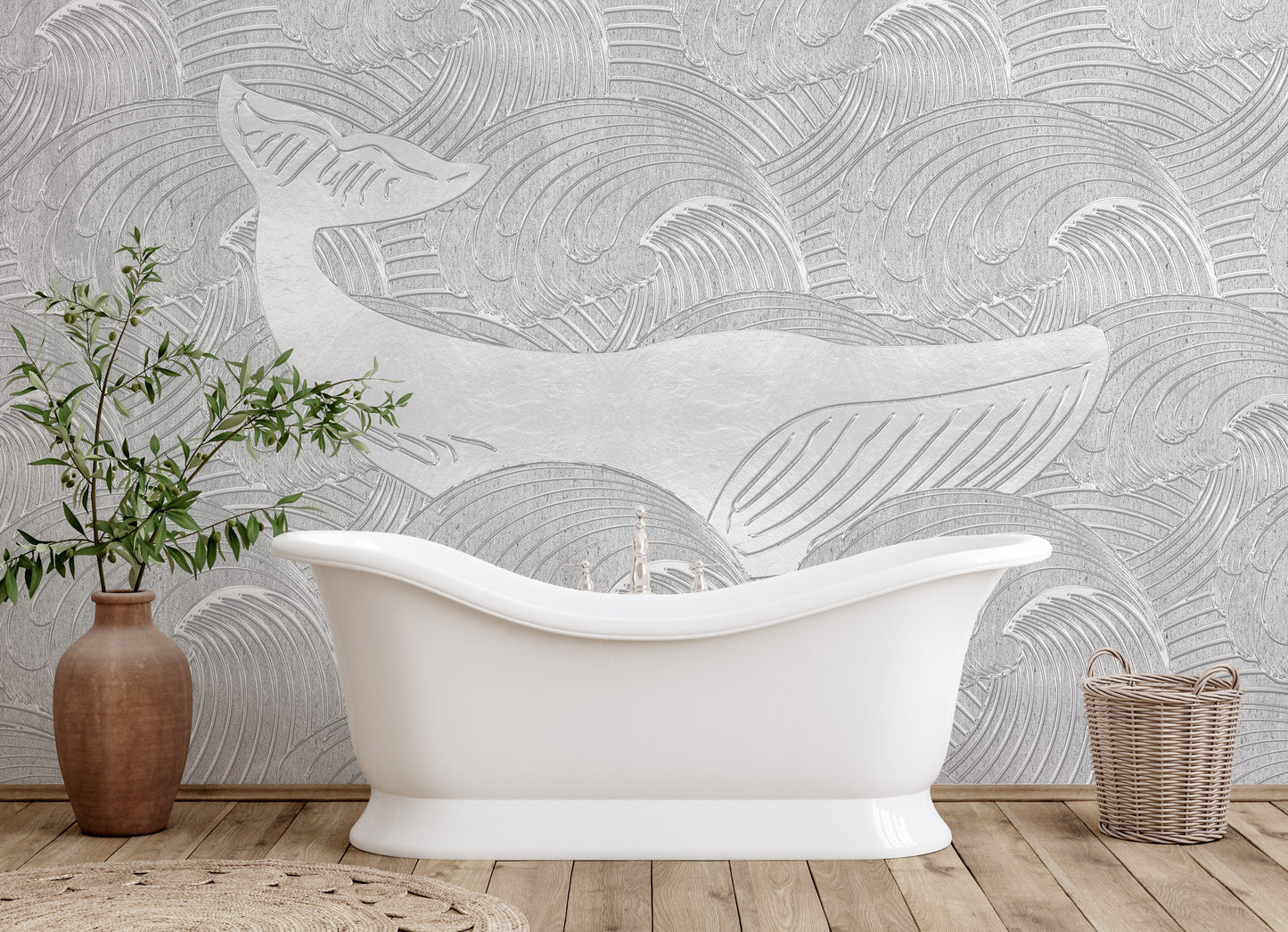 Luxurious Silver Whale Handmade Wallpaper Mural