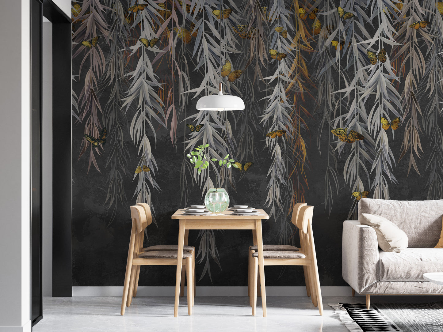 Golden Butterflies on Leaves Wallpaper Mural Design