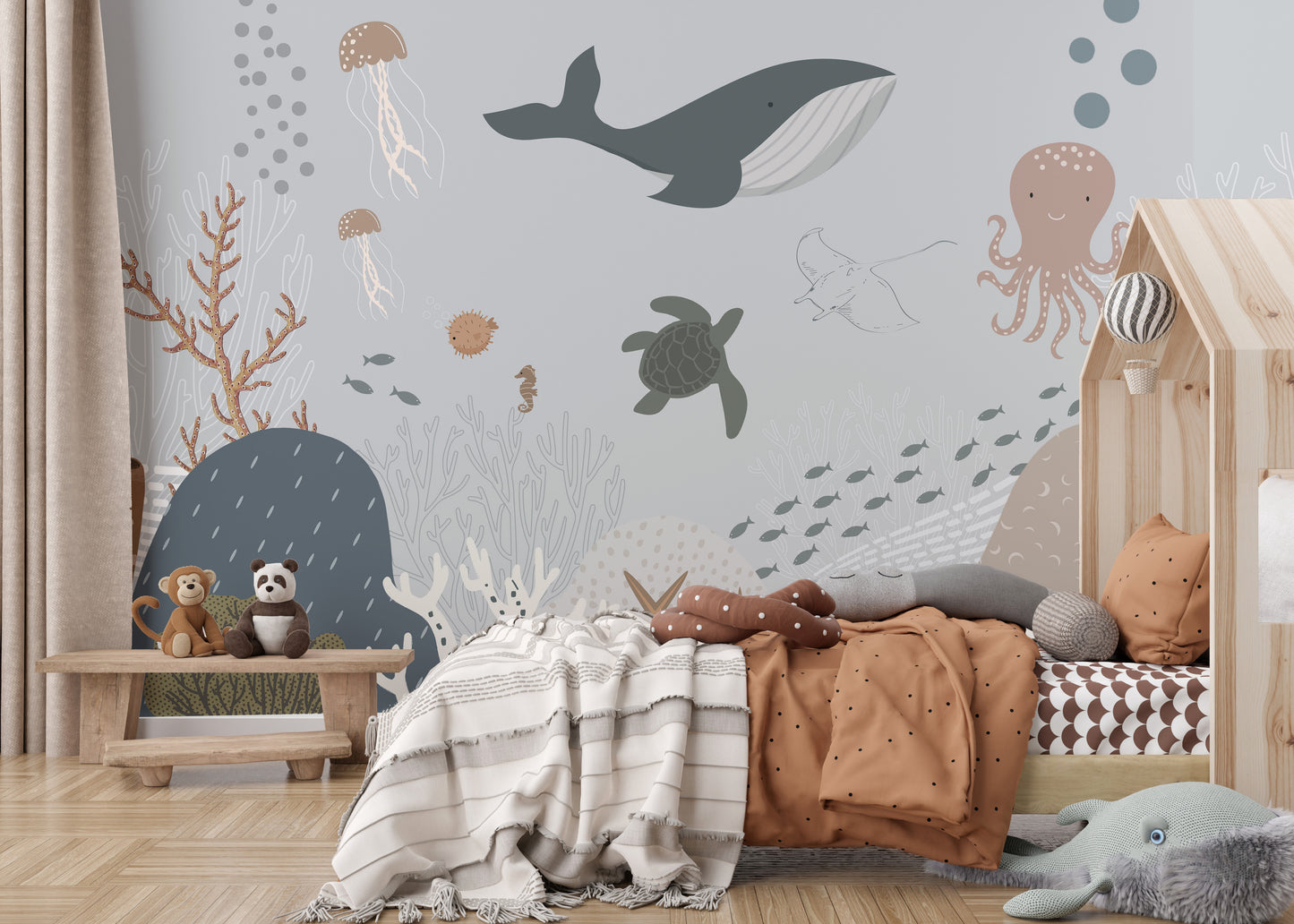 Aquatic animals wallpaper with soft pastel tones