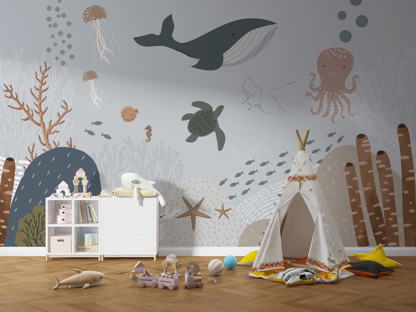 Seaside adventure wall mural with deep sea elements