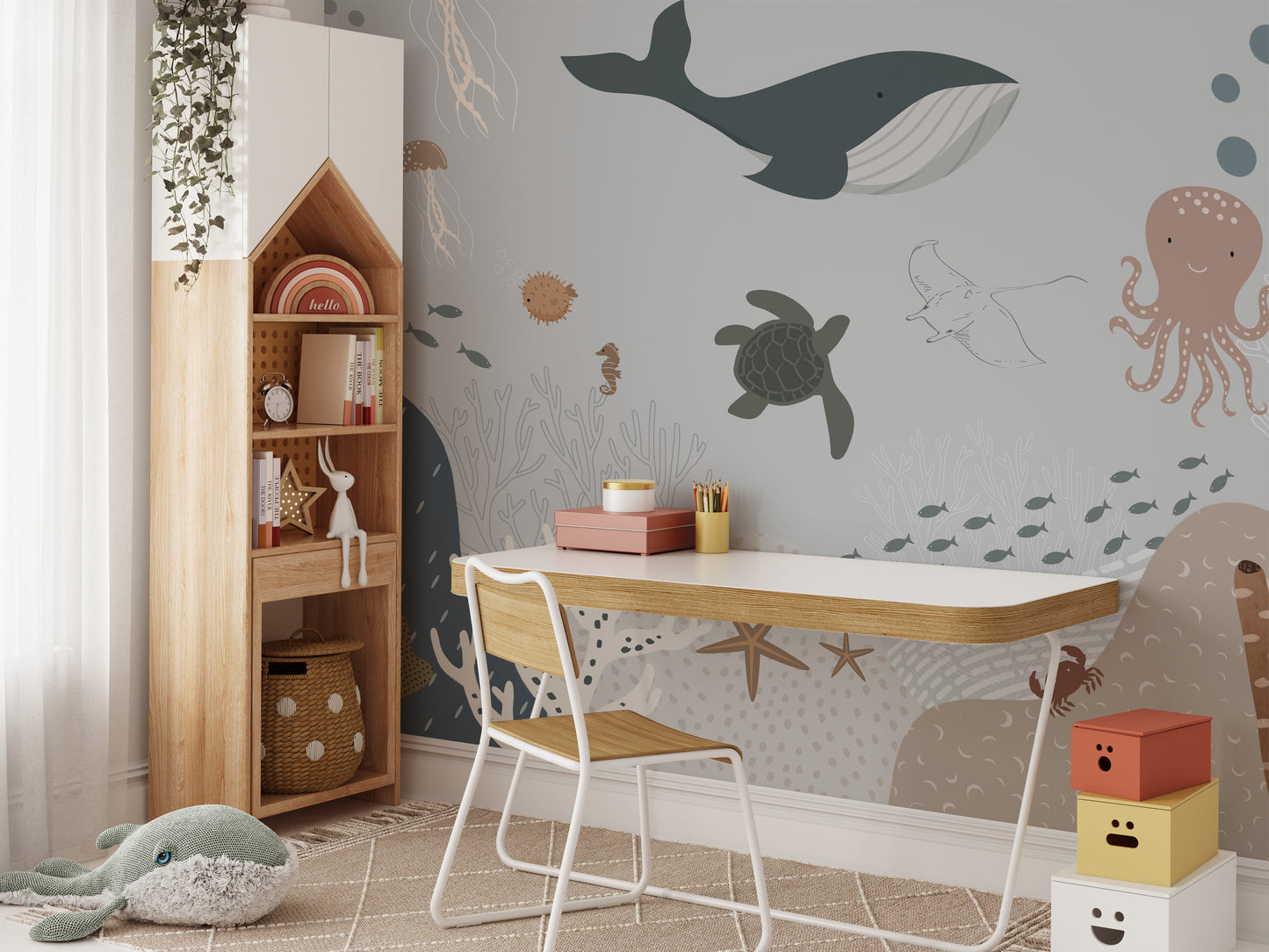 Ocean-themed nursery wallpaper with gentle sea animals