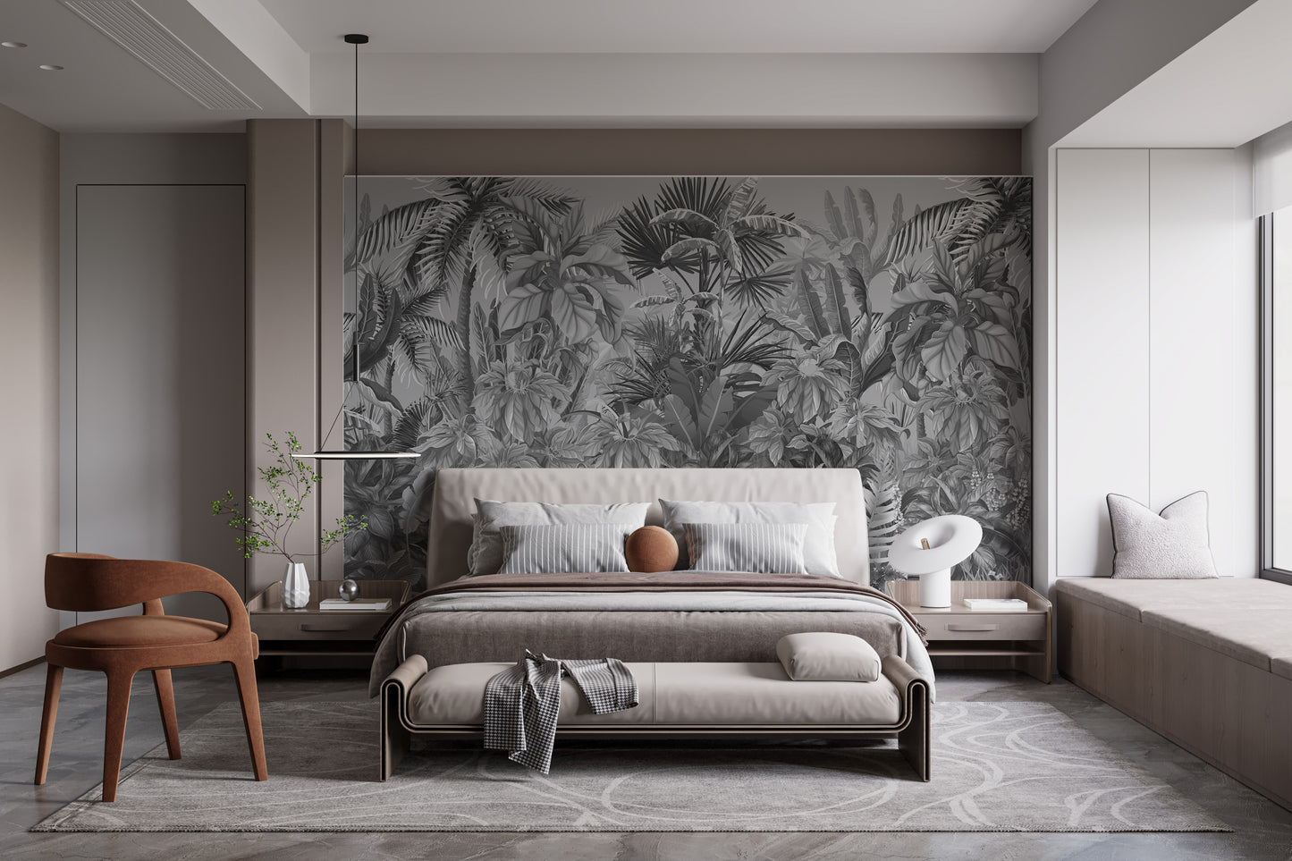 Smokey grey forest mural for modern tropical-inspired decor