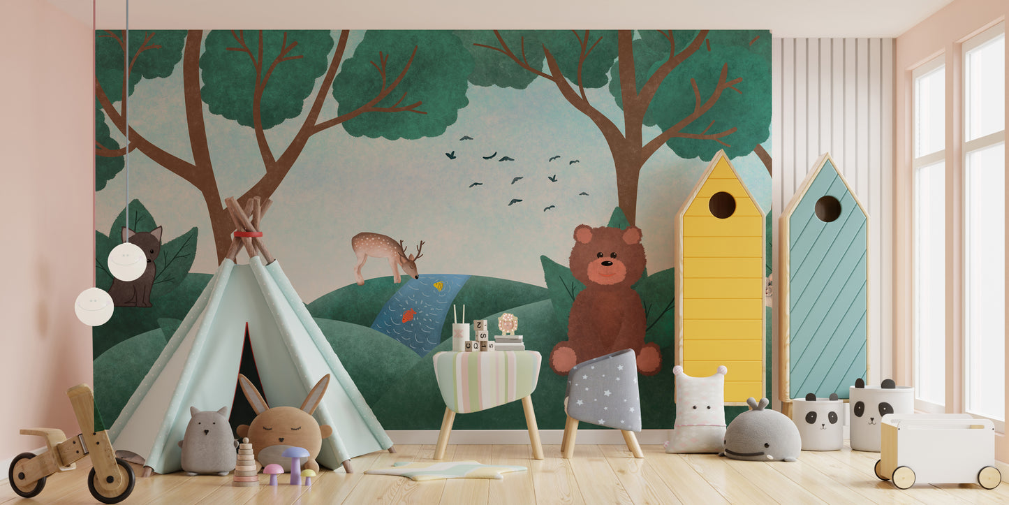 Fairyland fauna wallpaper with adorable animals for kids.