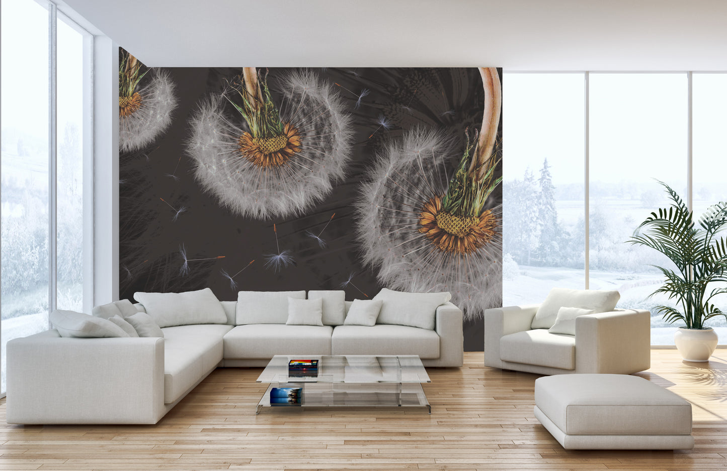 Dandelion blooms mural with delicate airborne elements.