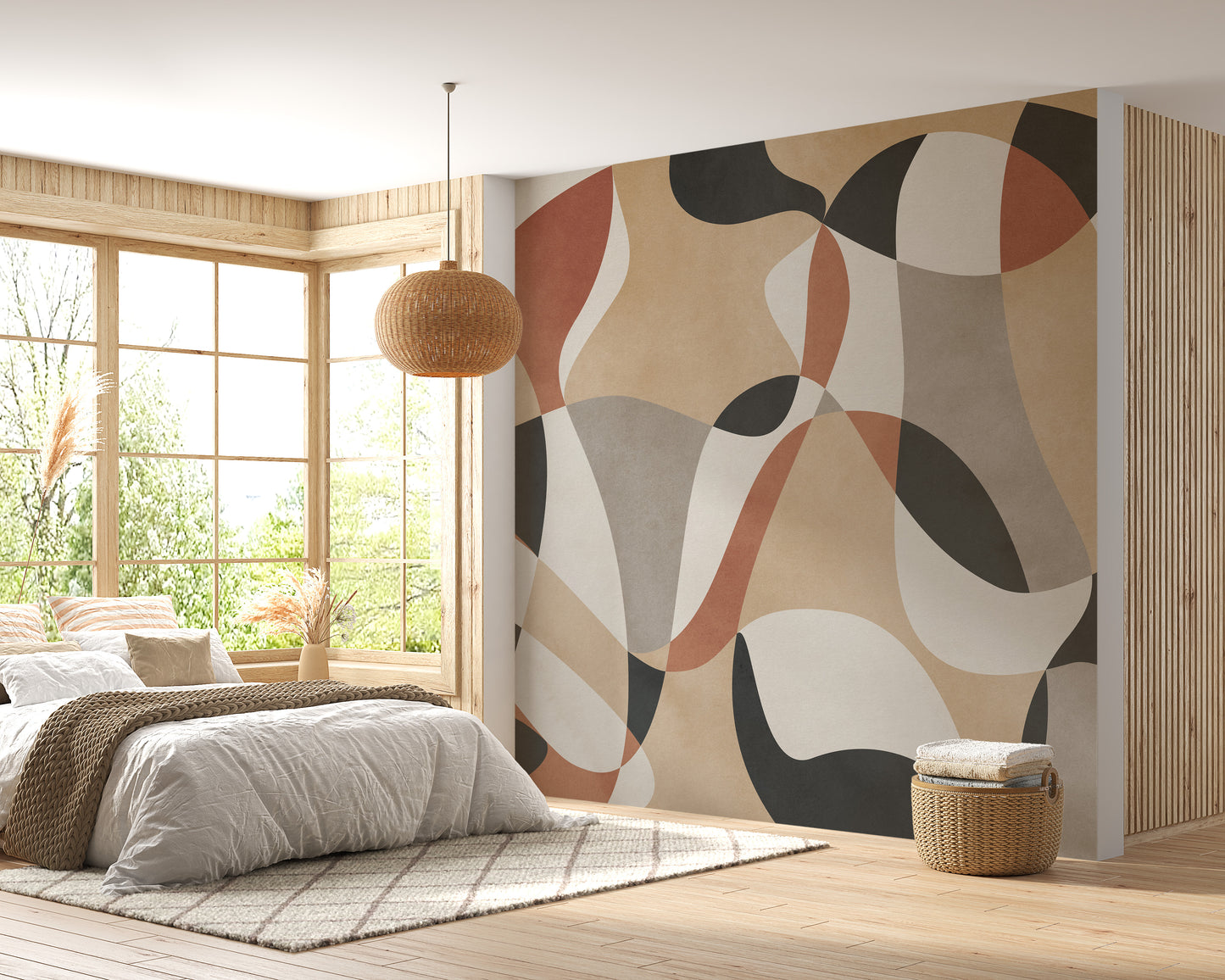 Bold geometric mural with vibrant patterns for modern walls.