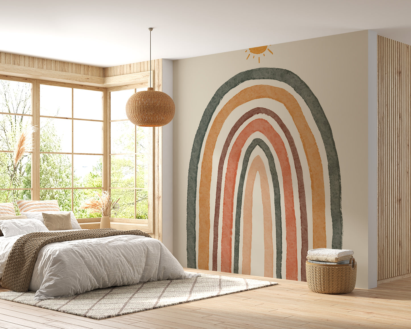 Artistic boho rainbow nursery mural with delightful hues.