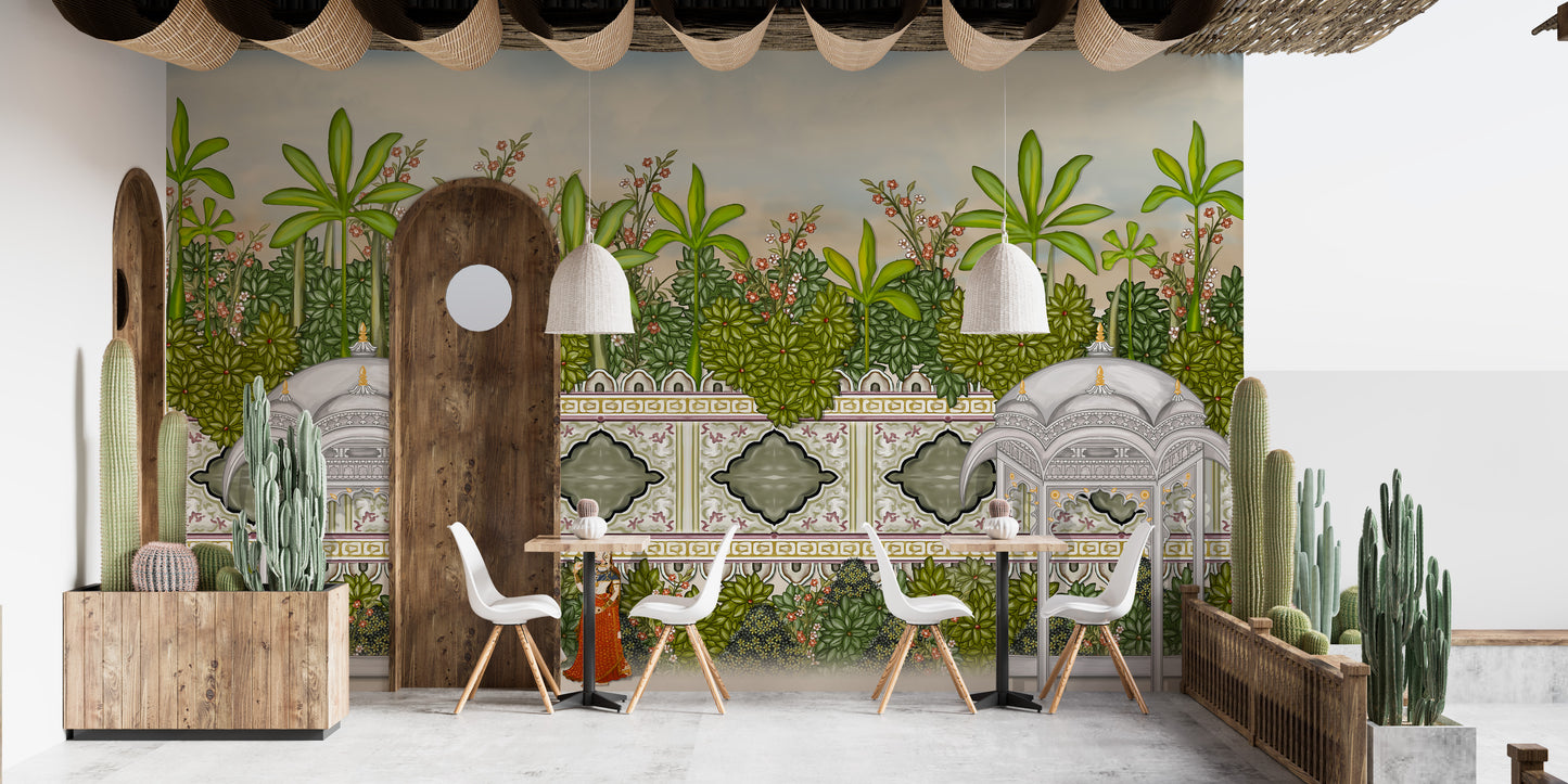 Serene paradise wallpaper with artistic oil paint textures.