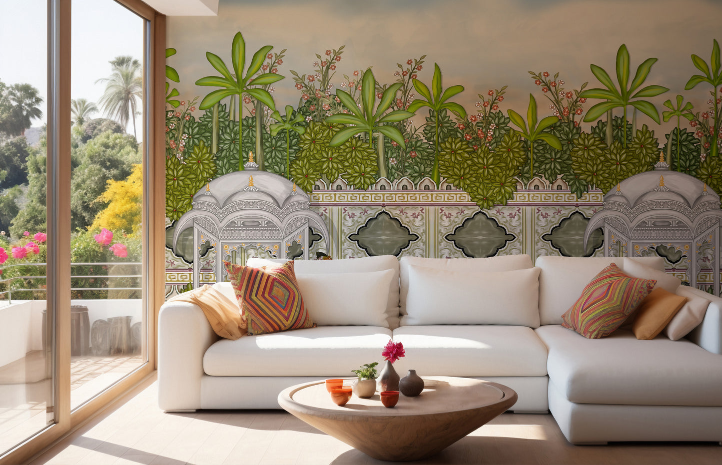 Artistic oil paint wallpaper with serene paradise scenery.