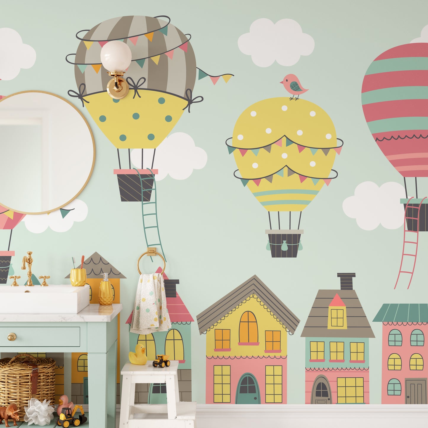 Balloons of imagination mural for creative kids' spaces.