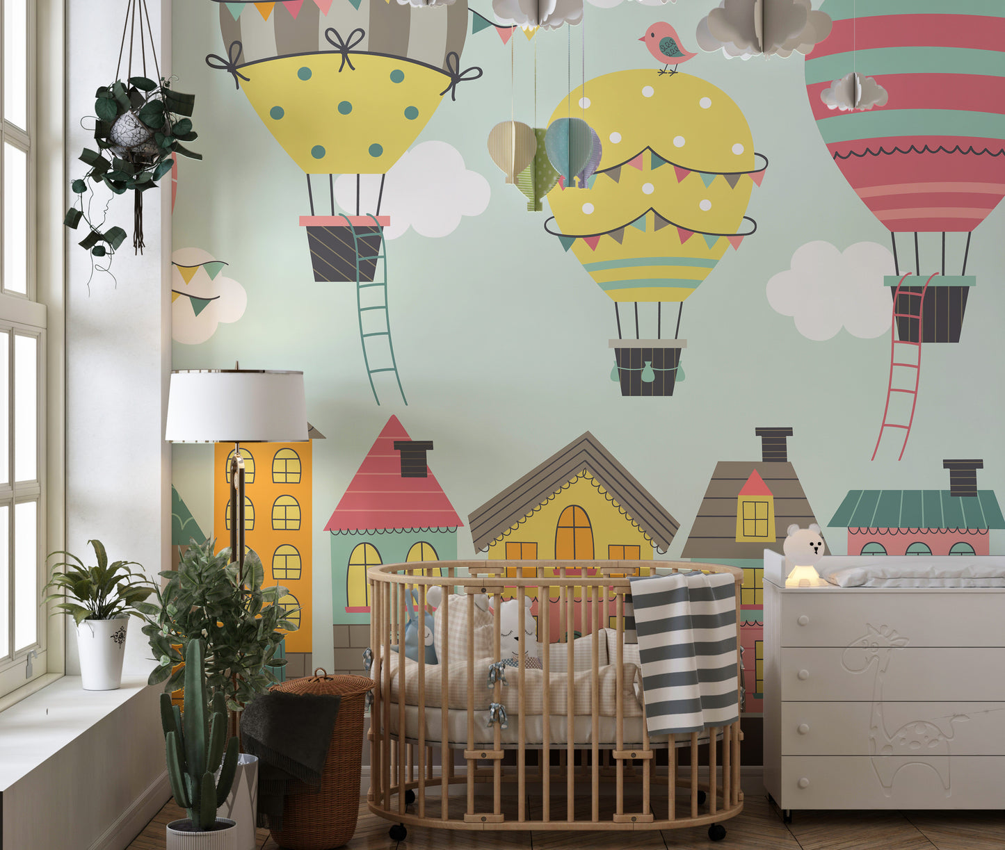 Balloons of imagination mural for magical nursery interiors.