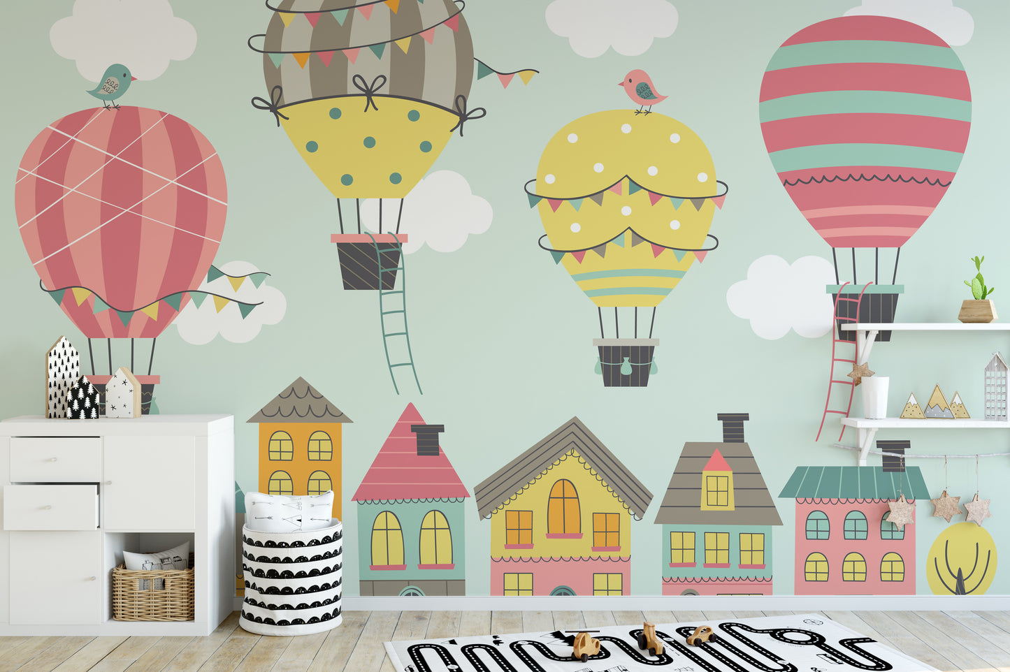 Cheerful balloon design mural for vibrant nursery walls.