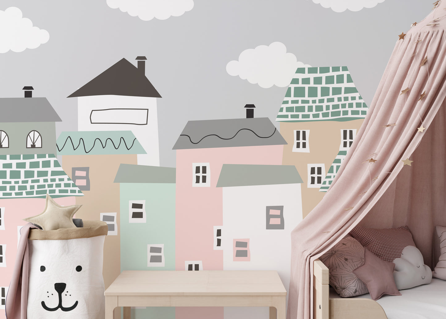 Tranquil wallpaper mural with a charming neighborhood view.