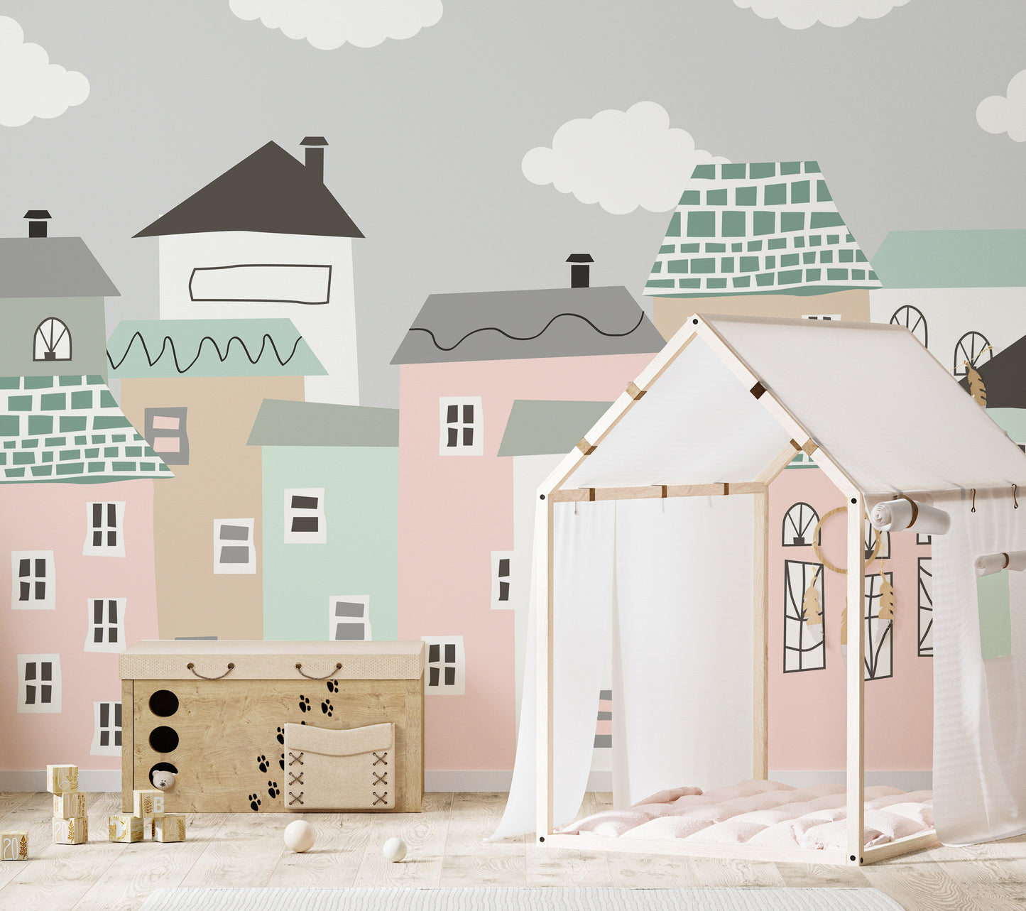 Tranquil neighborhood scene mural for calming interiors.
