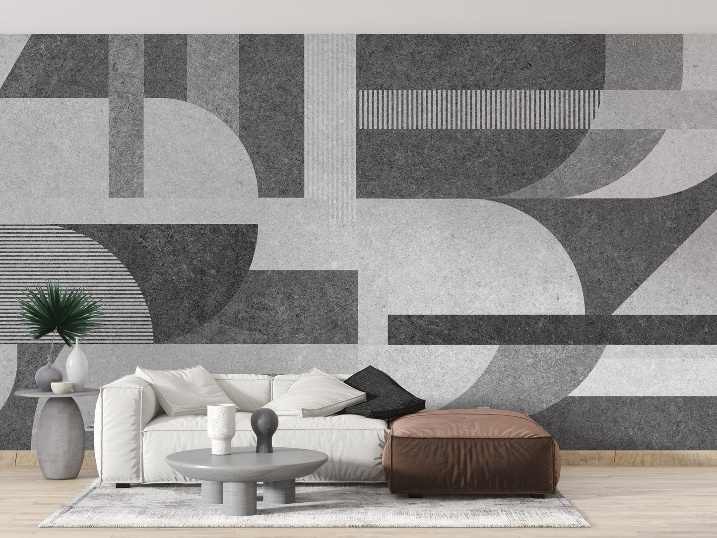 Sleek gray geometric tile mural with a grunge aesthetic.