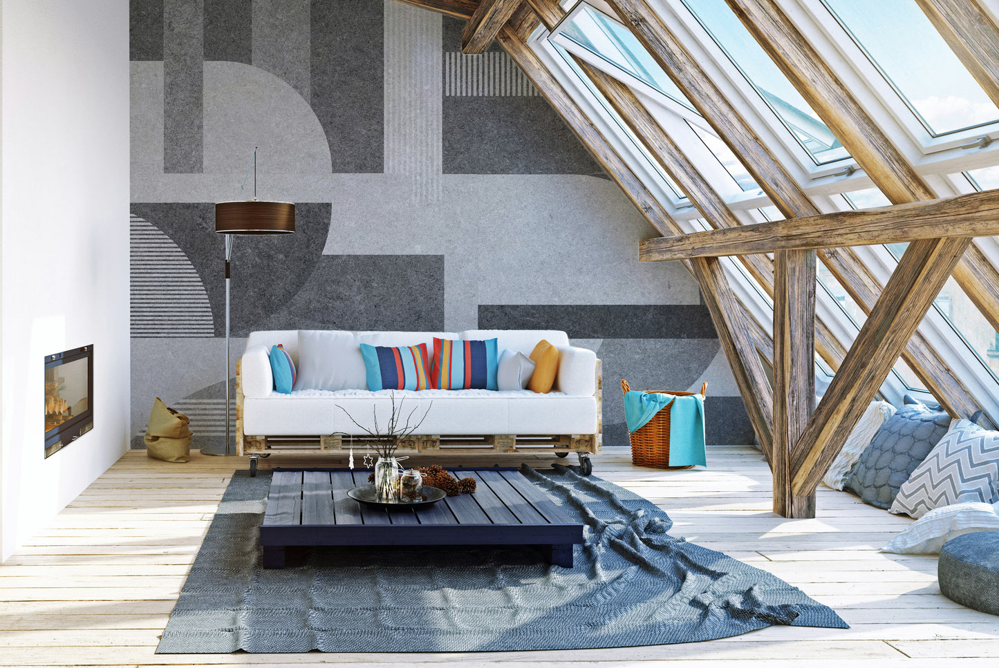 Stylish gray geometric tile mural with a grunge effect.