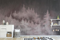 Captivating rose-tinted forest mural for elegant interiors.