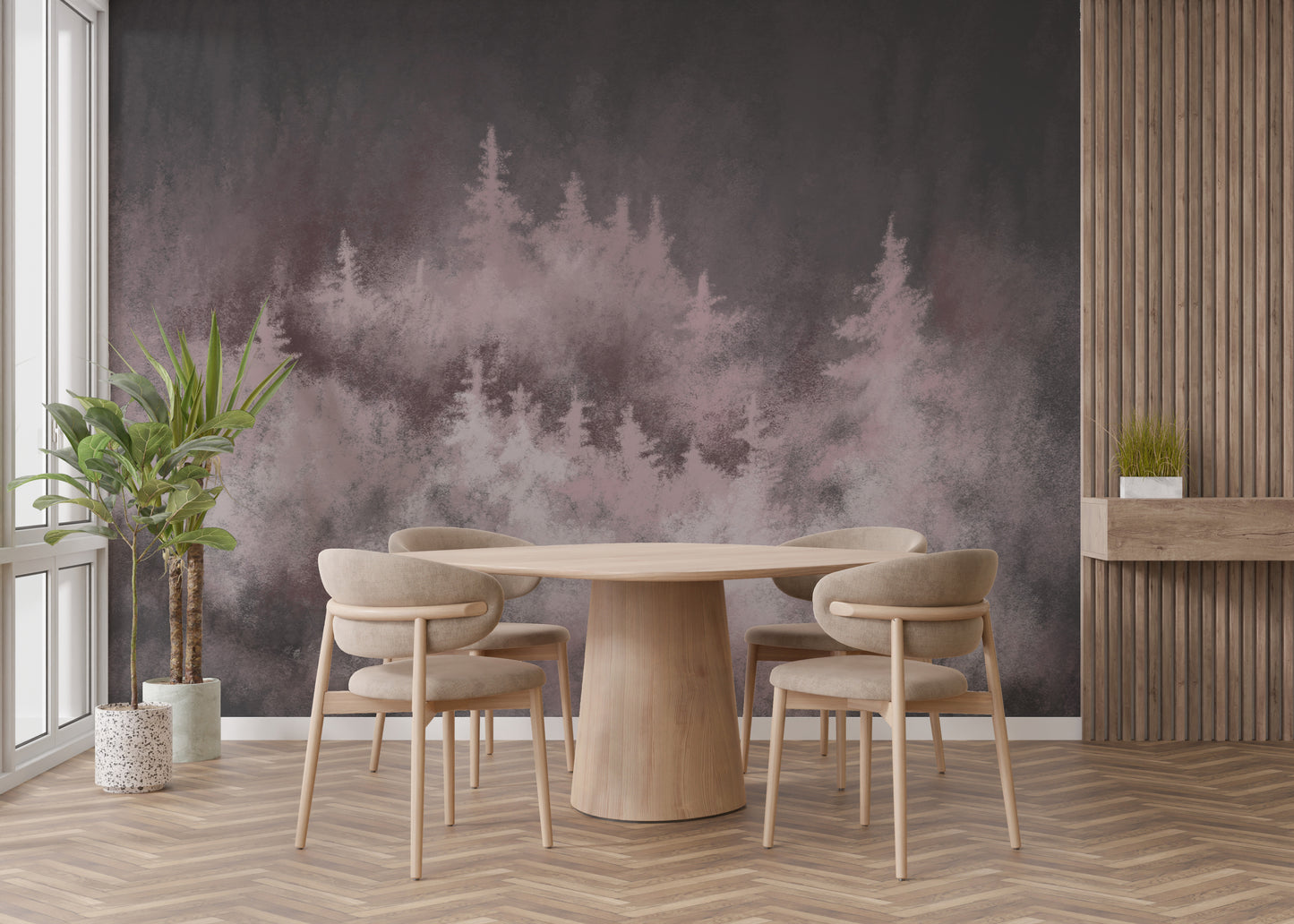Rose-tinted mural with a magical woodland landscape design.