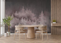 Rose-tinted mural with a magical woodland landscape design.