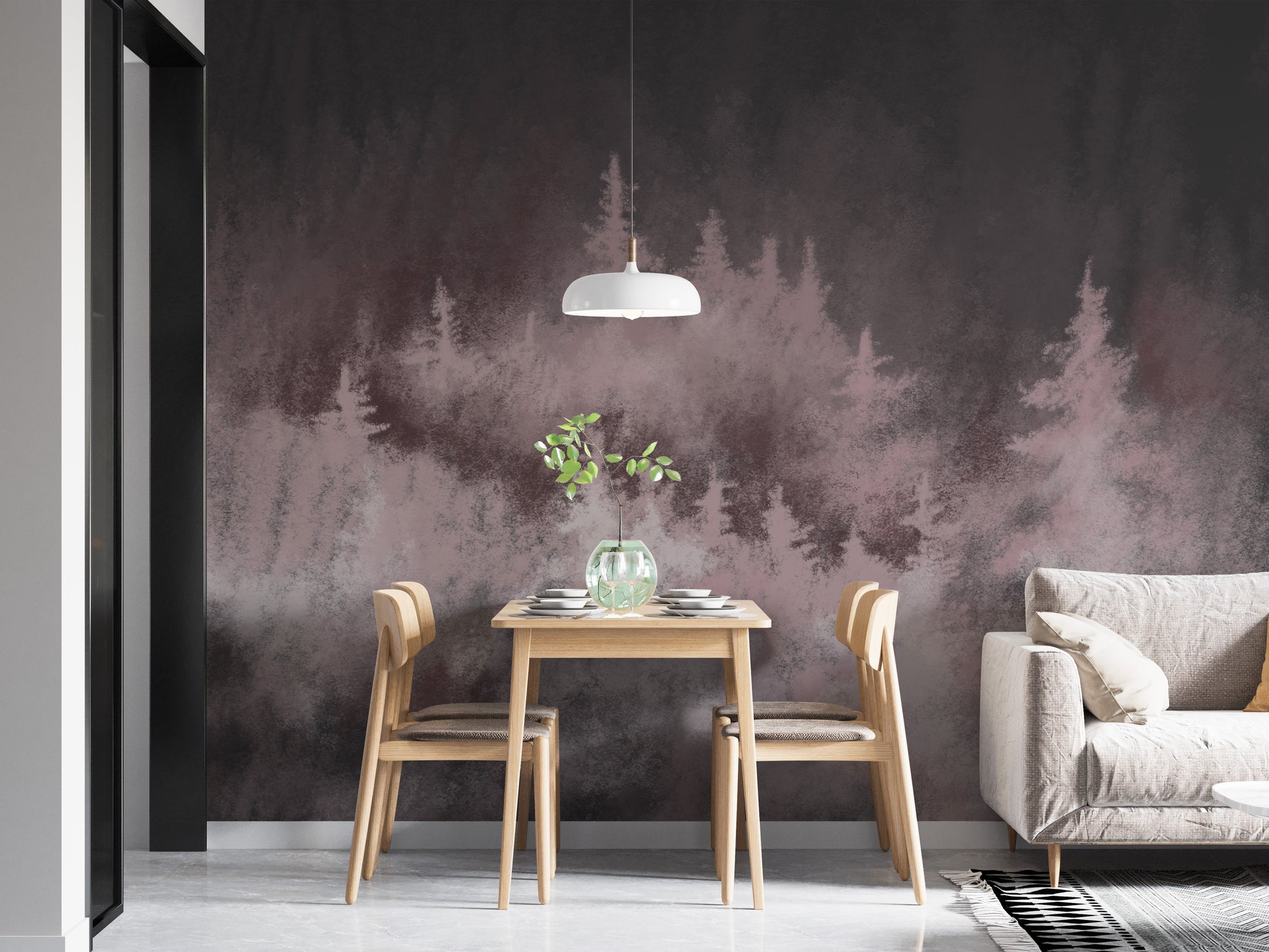 Soft woodland wall mural featuring rose-tinted foliage.