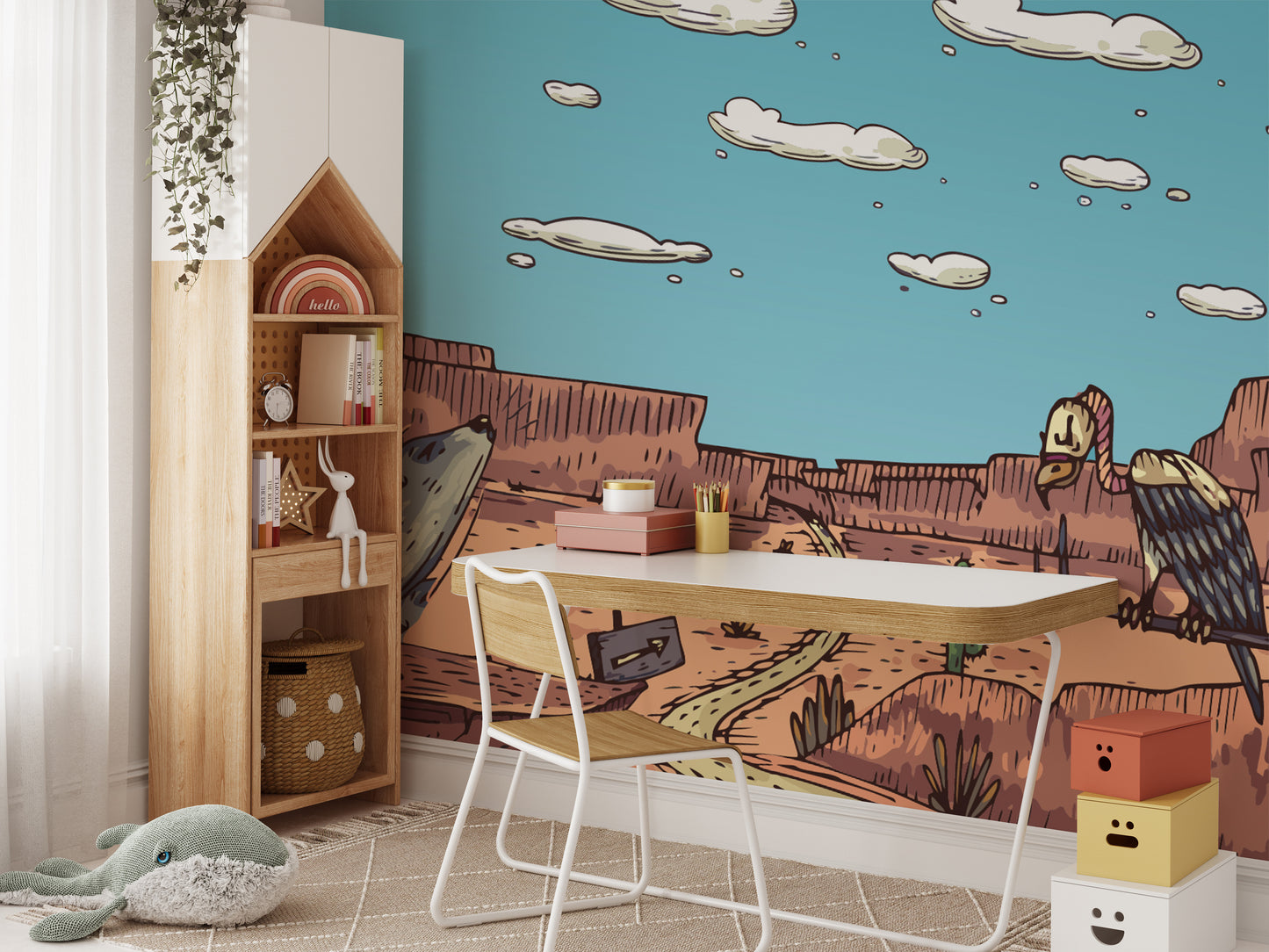 Dynamic desert mural showcasing safari stories and scenery.