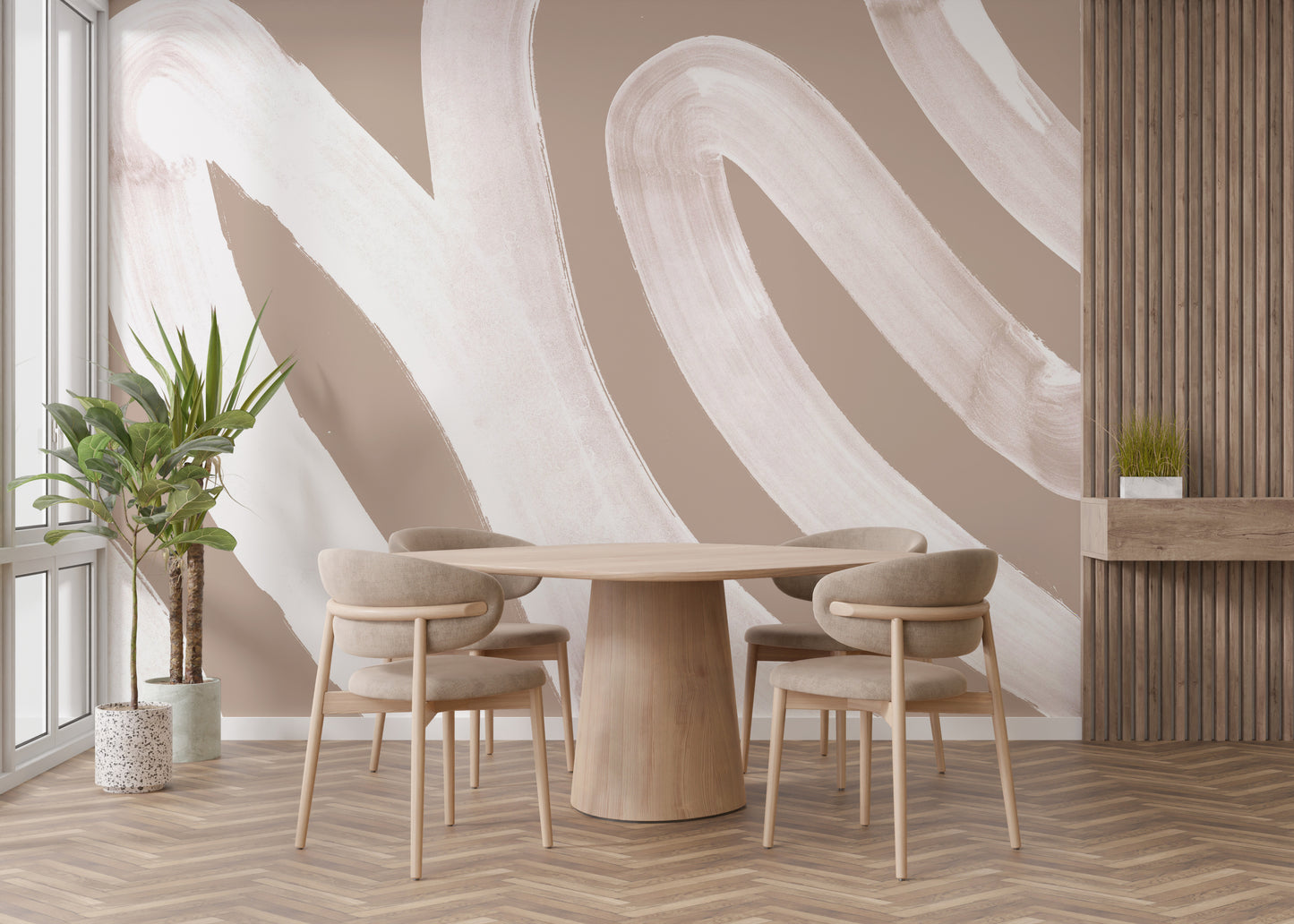 Subtle abstract white waves mural for minimalist interiors.