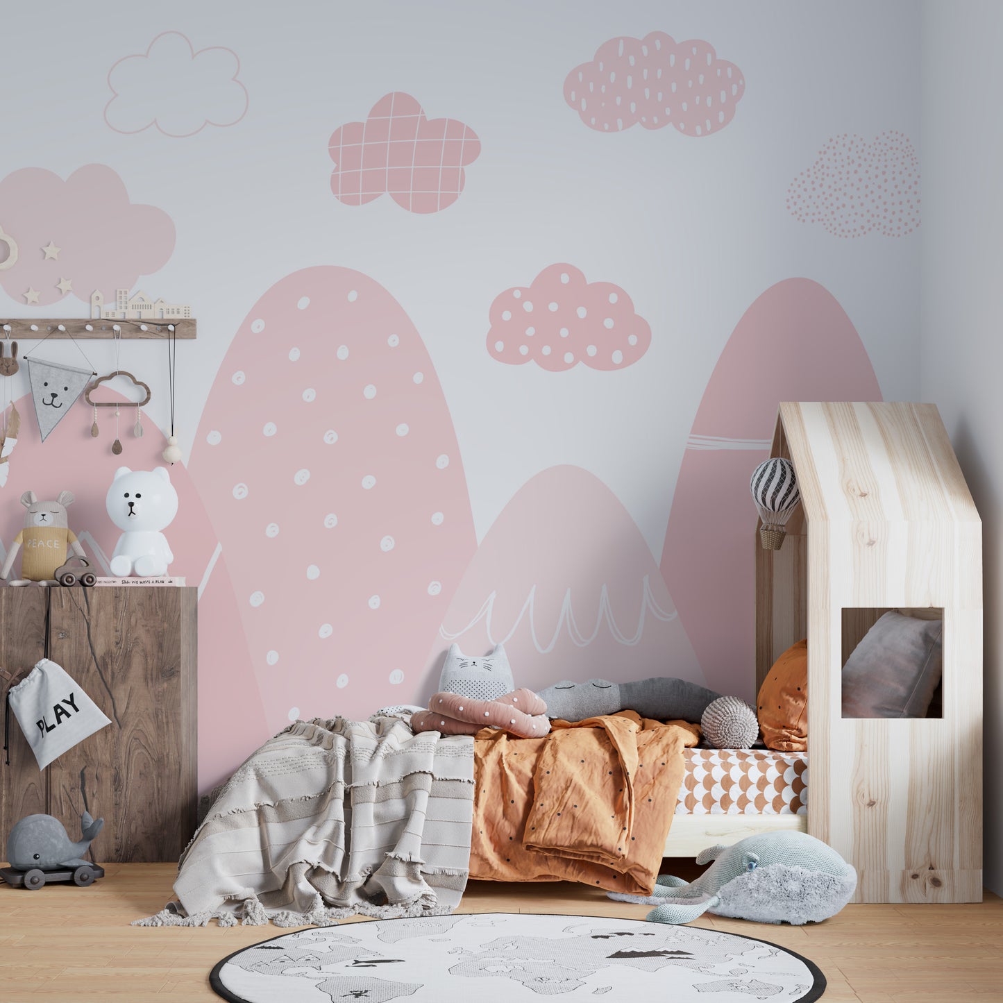 Soft pink misty mountain mural for a calming wall aesthetic.