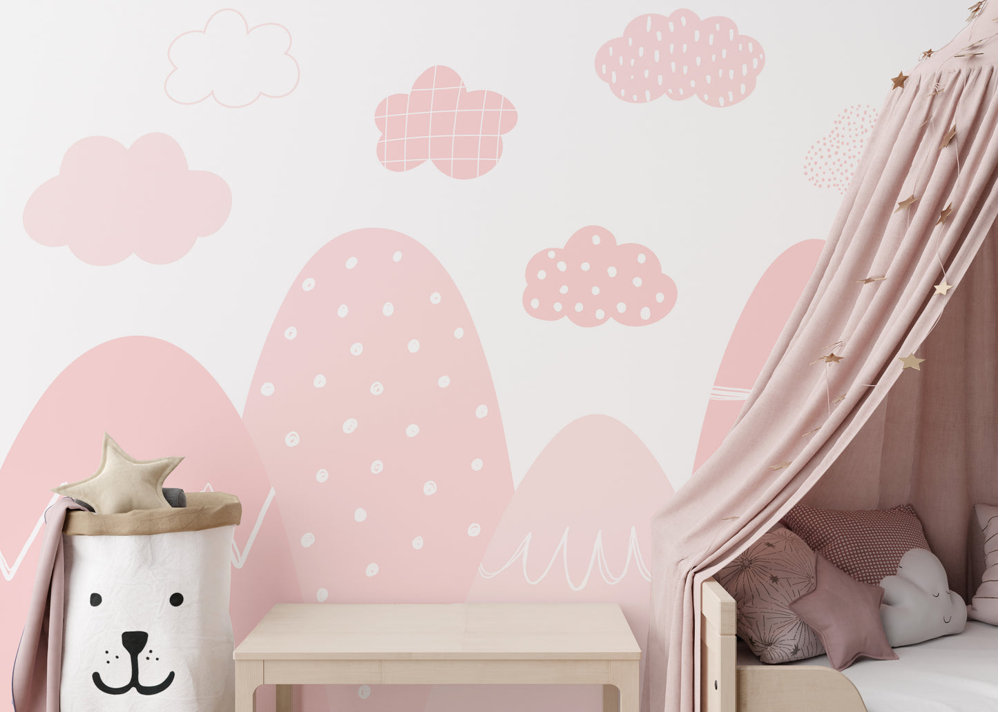Pink misty mountain range mural adding charm to interiors.
