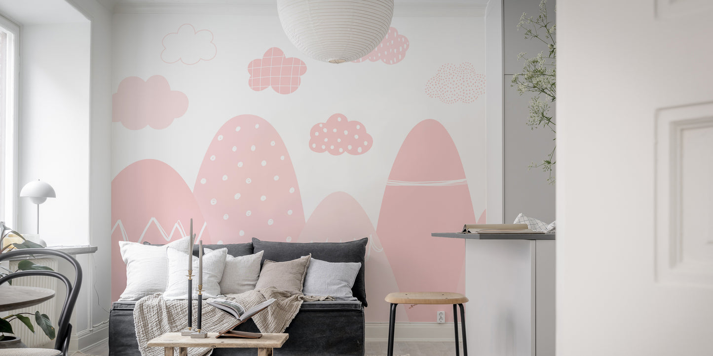 Misty mountain range mural in soft pink tones for bedrooms.