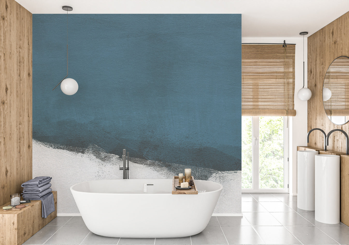 Flowing blue brushstroke mural for a serene wall transformation.