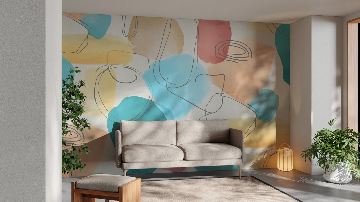 Artistic wall mural with dynamic watercolor abstract designs.