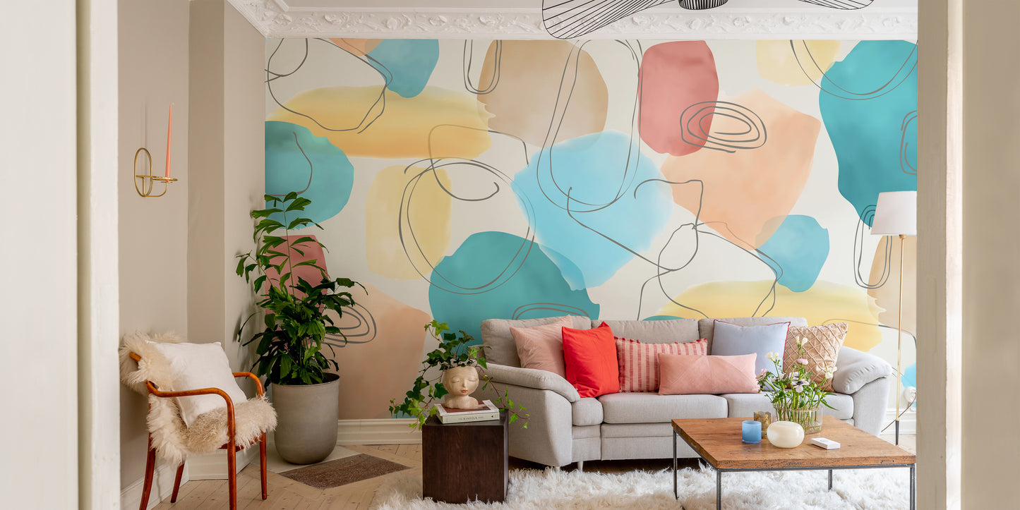 Modern watercolor abstract mural creating a serene ambiance.