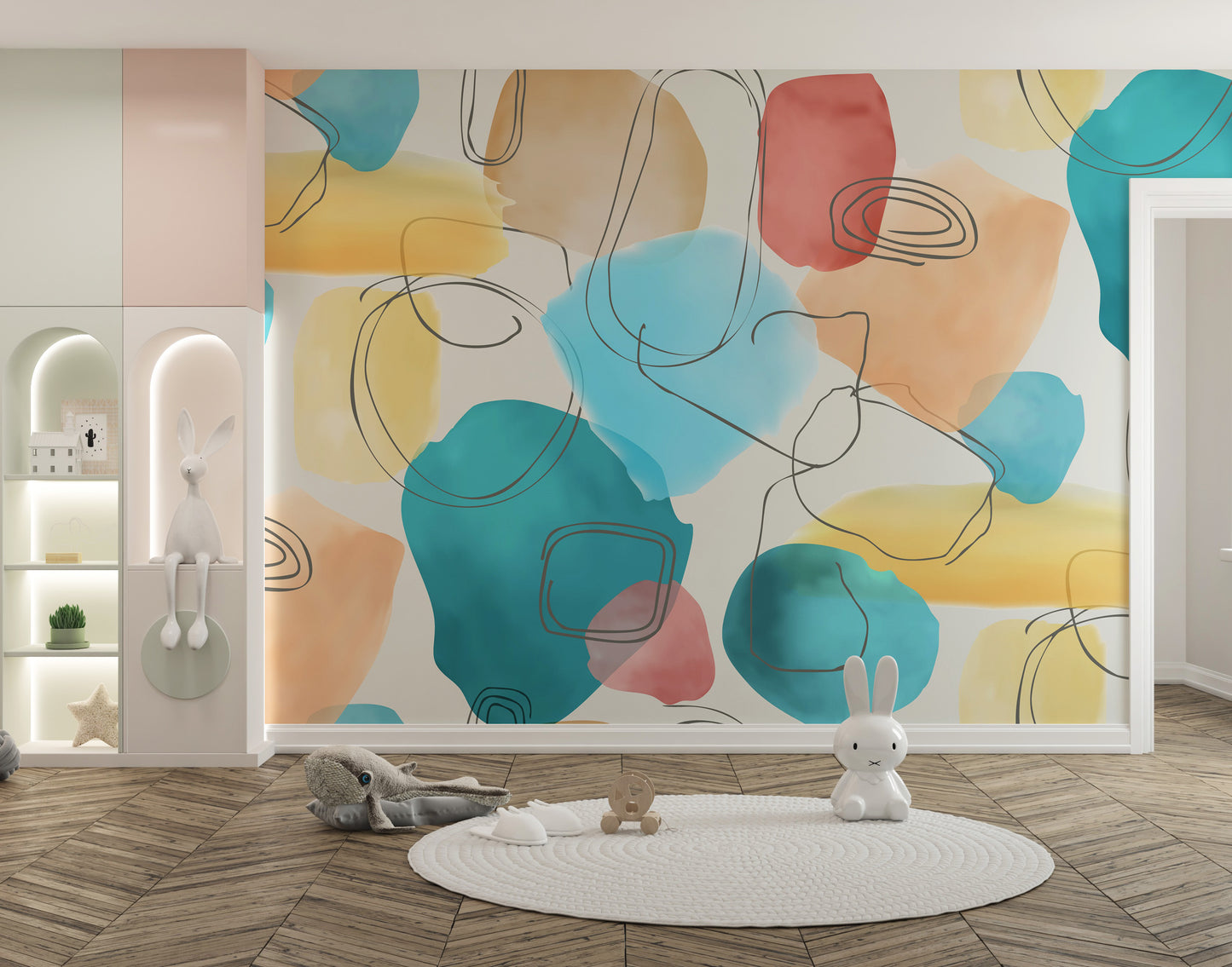 Soft and artistic watercolor mural with abstract patterns.
