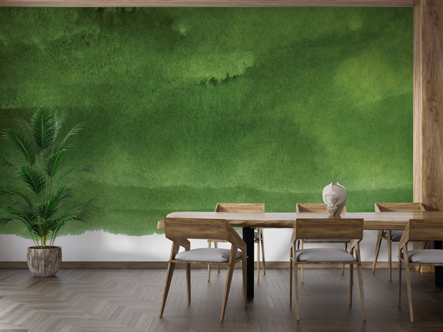 Harmonious green mural creating a serene space transformation.