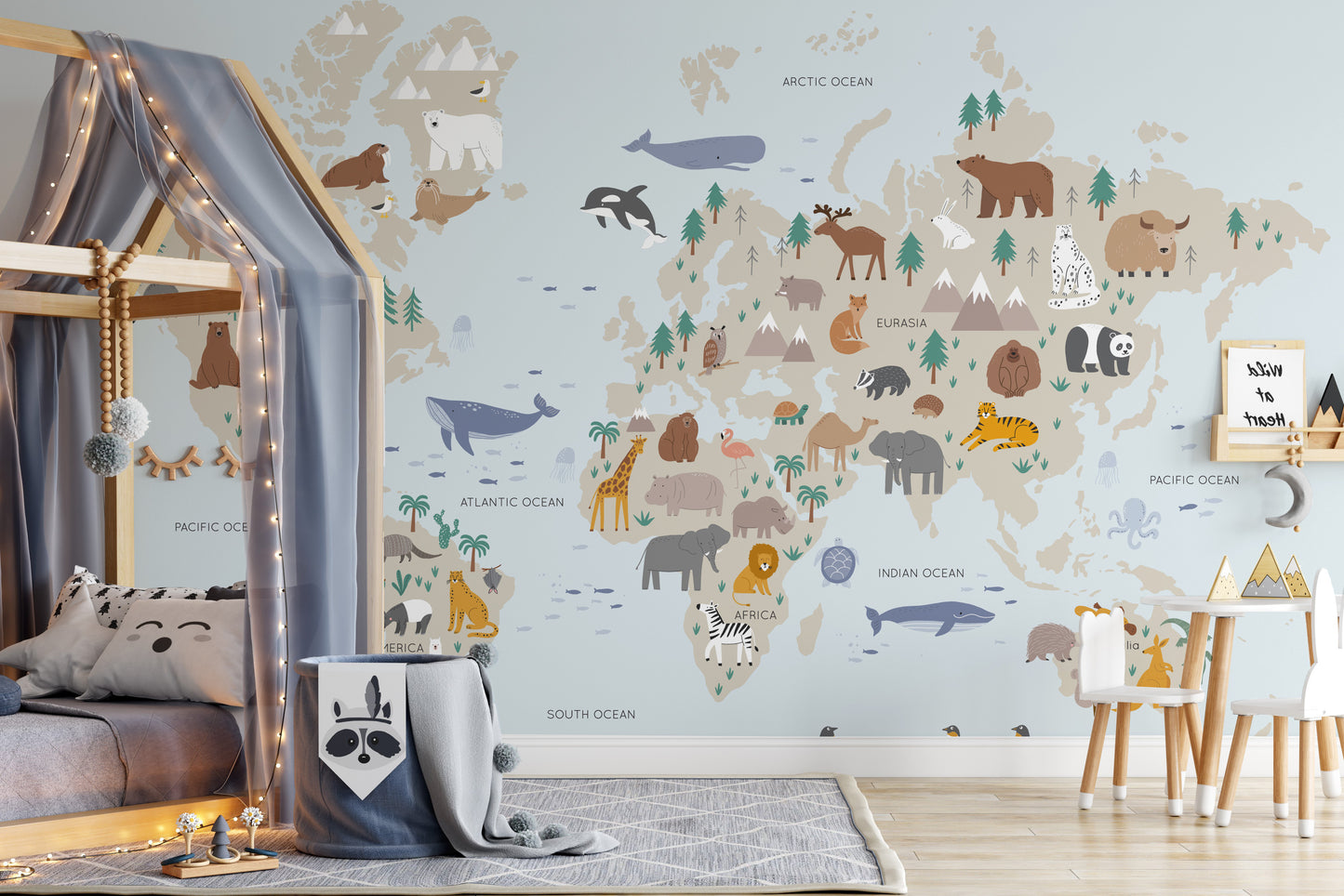 Wild safari mural with animals and greenery for dynamic wall decor.