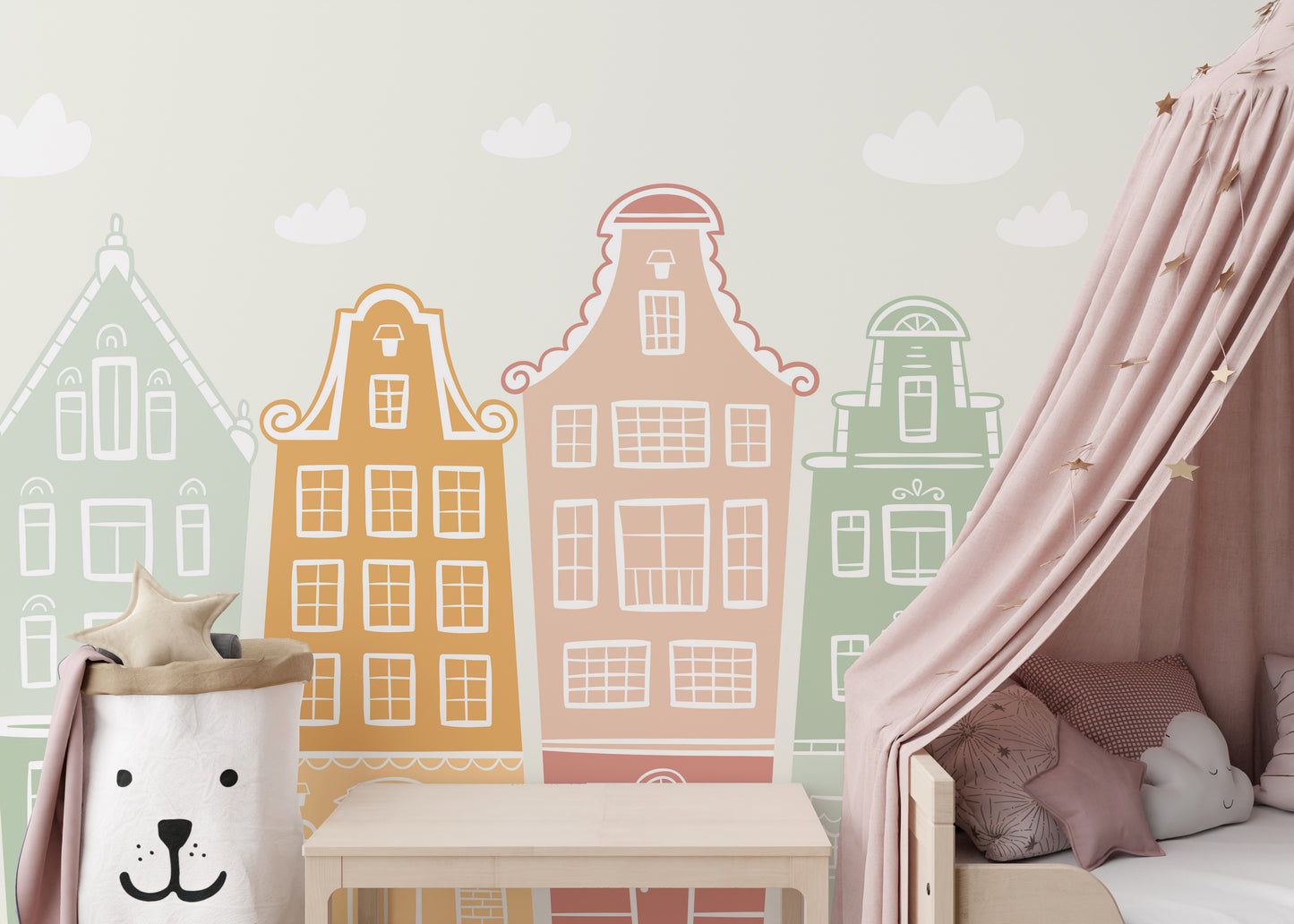 Colorful building block mural for fun and creative wall decor.