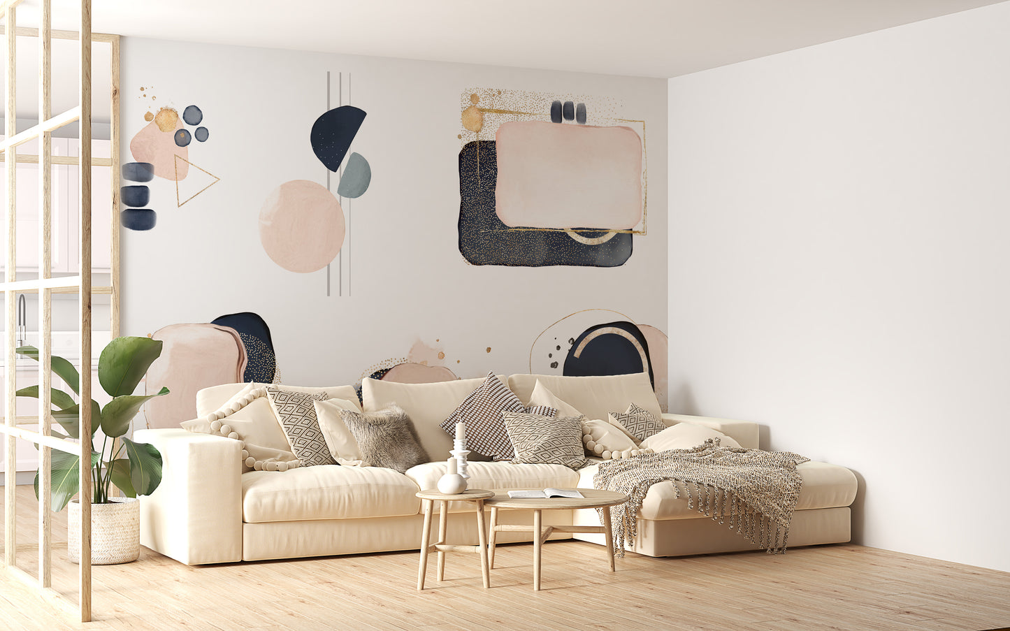 Wall mural with geometric shapes in pink and blue for vibrant spaces.